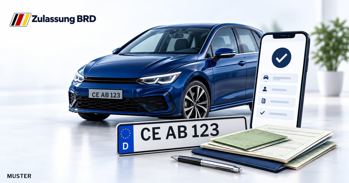 Online Fahrzeugzulassung in Hambühren: Musterkennzeichen CE AB 123, Auto und Fahrzeugpapiere und Smartphone. Illustration mit Logo von Zulassung BRD.
